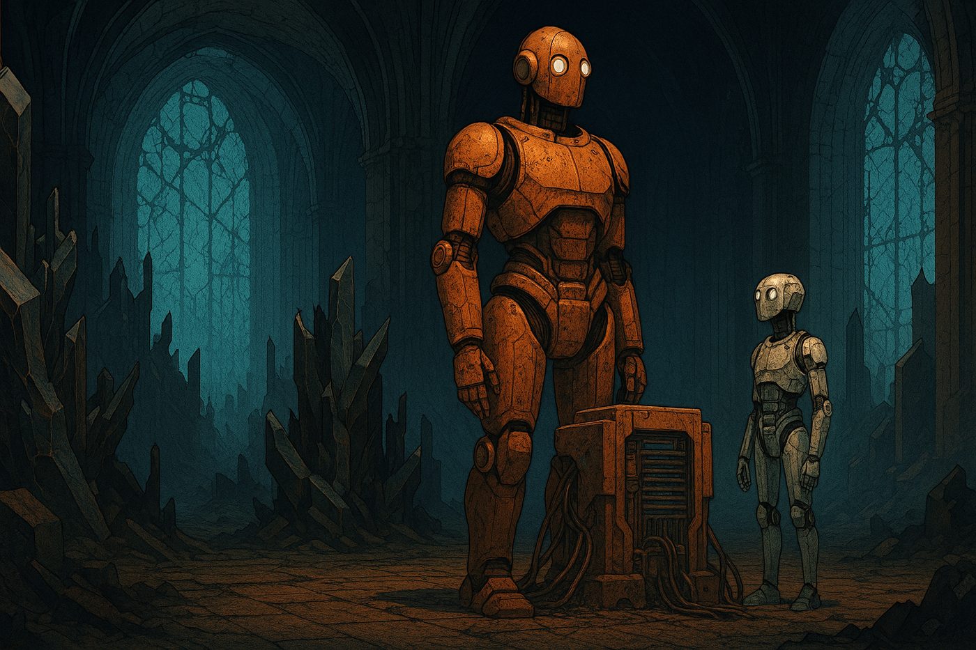 Humobot in a ruined cathedral with glowing device
