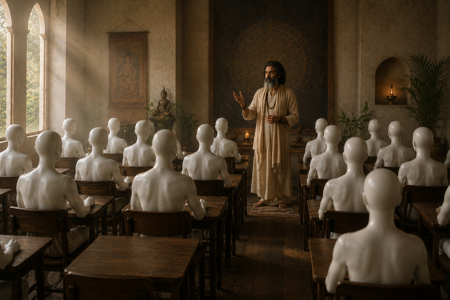 A teacher in robes mid-gesture before a classroom of seated mannequins. A statue of the Buddha on a small altar, a tantric mandala on the wall behind him, a candle lit on the desk.