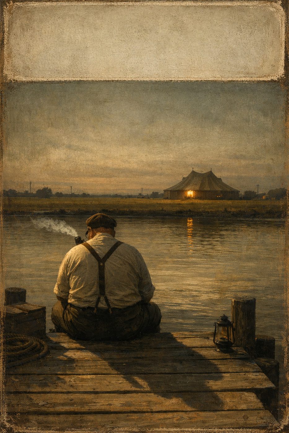 Man on dock at twilight, circus tent across the water