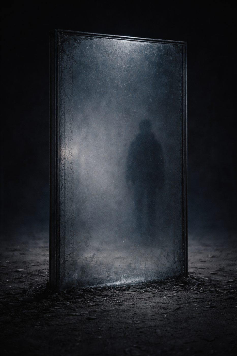 Shadowed figure behind weathered glass
