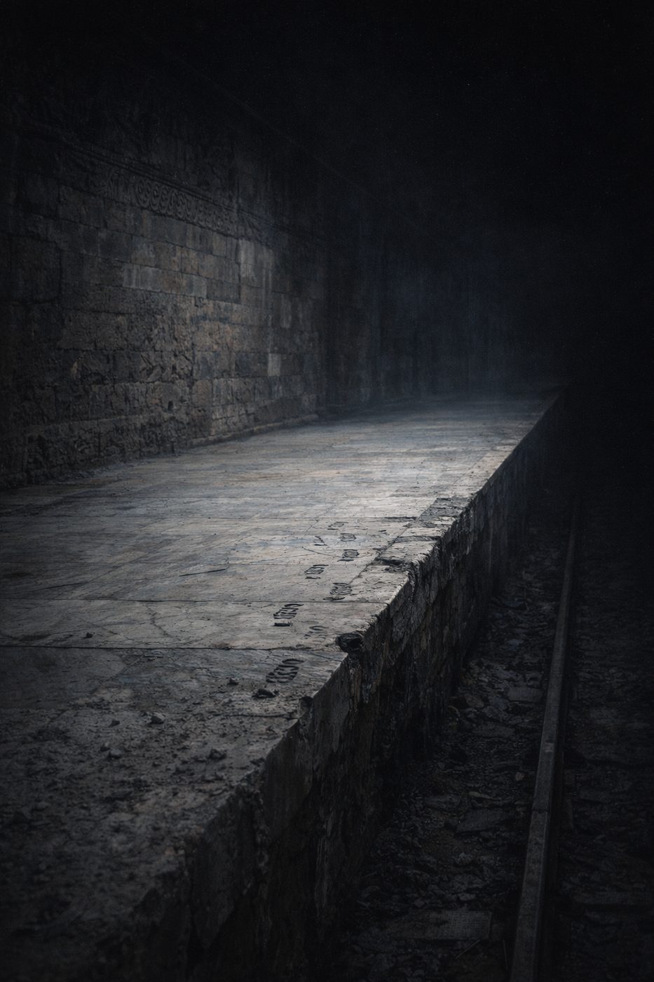 Dark stone platform in a ruined corridor with faint light