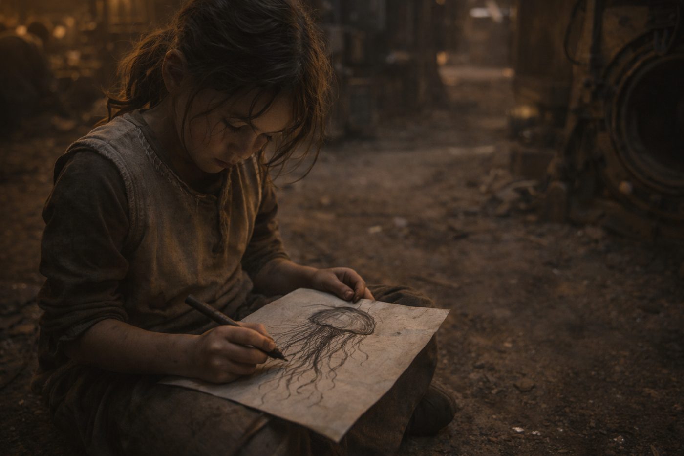 Young girl drawing a jellyfish in ruins