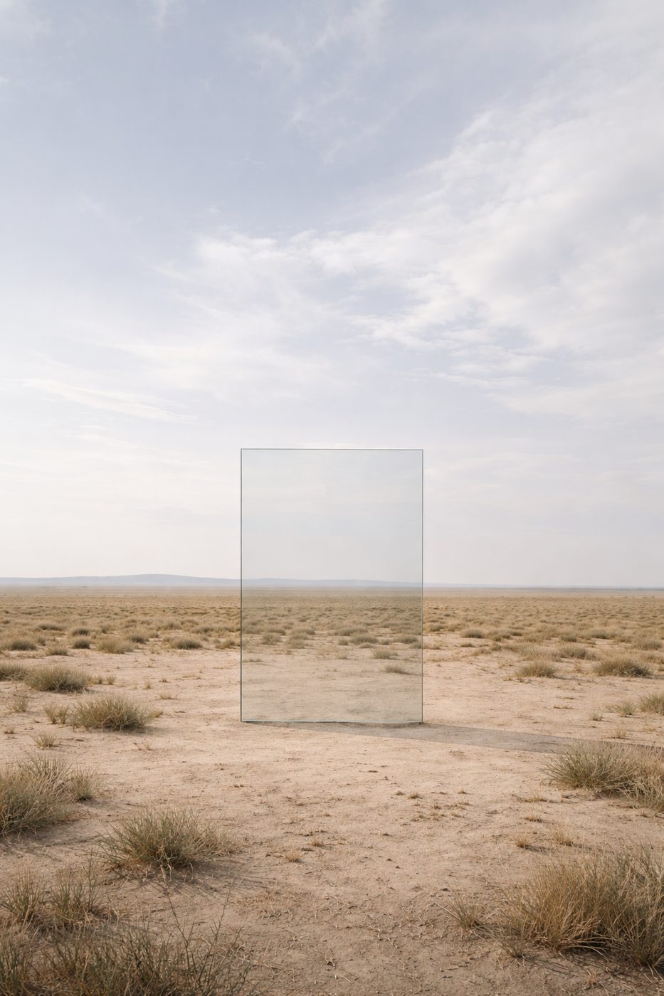 Transparent glass panel standing alone in desert scrubland