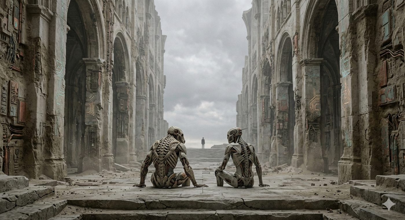 Two humobots seated in ancient ruins, lone human figure in the distance