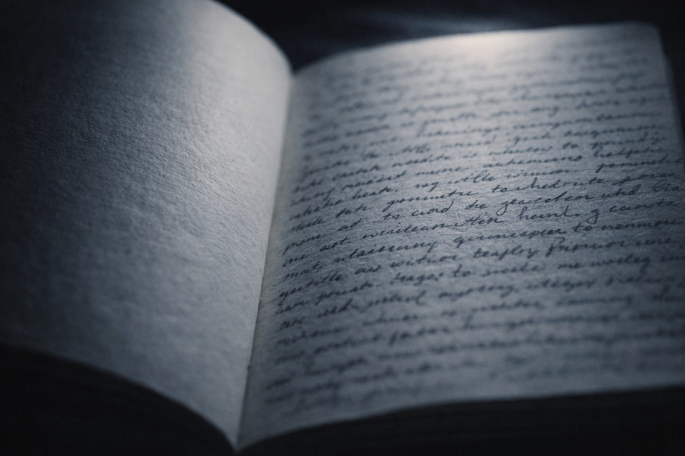 Close-up of handwritten notebook pages in dim light