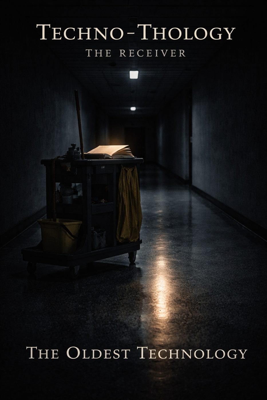 Janitor cart with glowing book in dark institutional corridor
