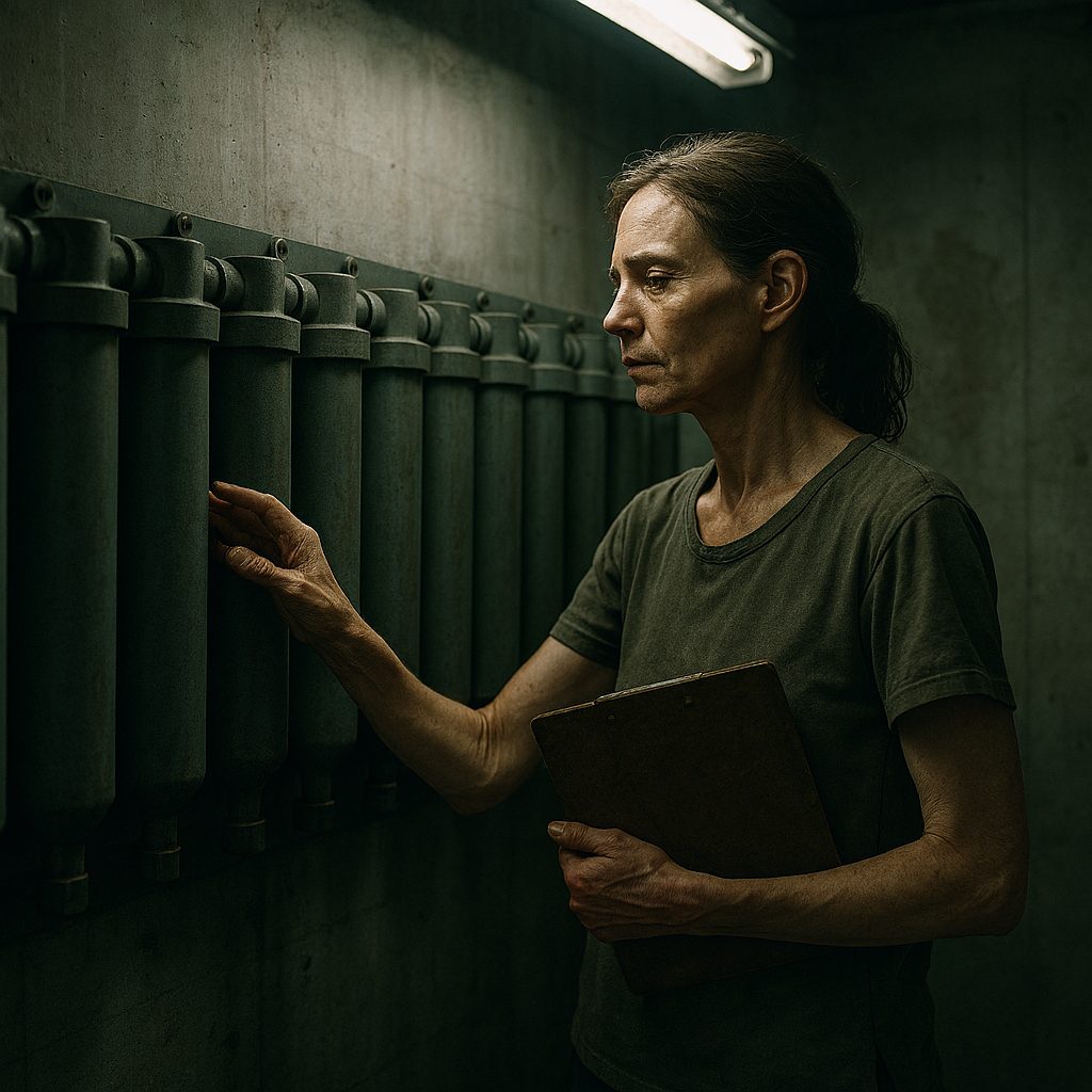 Woman with clipboard studying an industrial wall