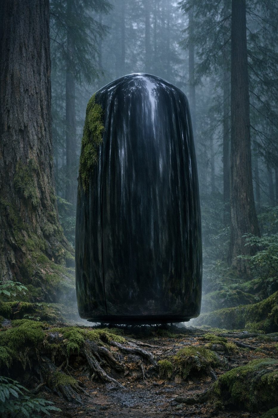 The transit pod closed in old growth forest