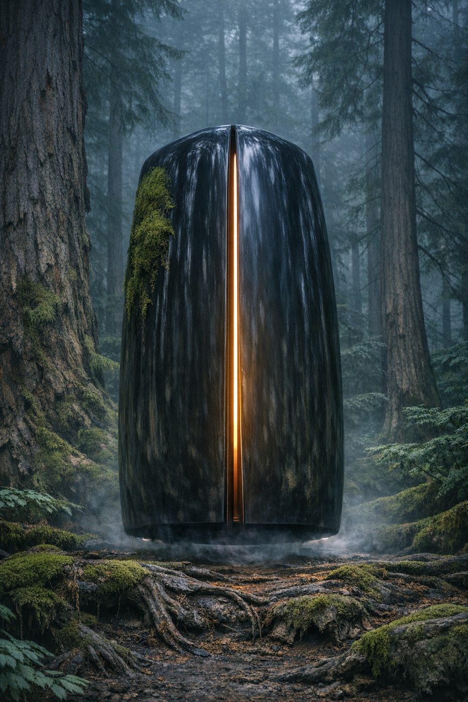 The transit pod opening in old growth forest