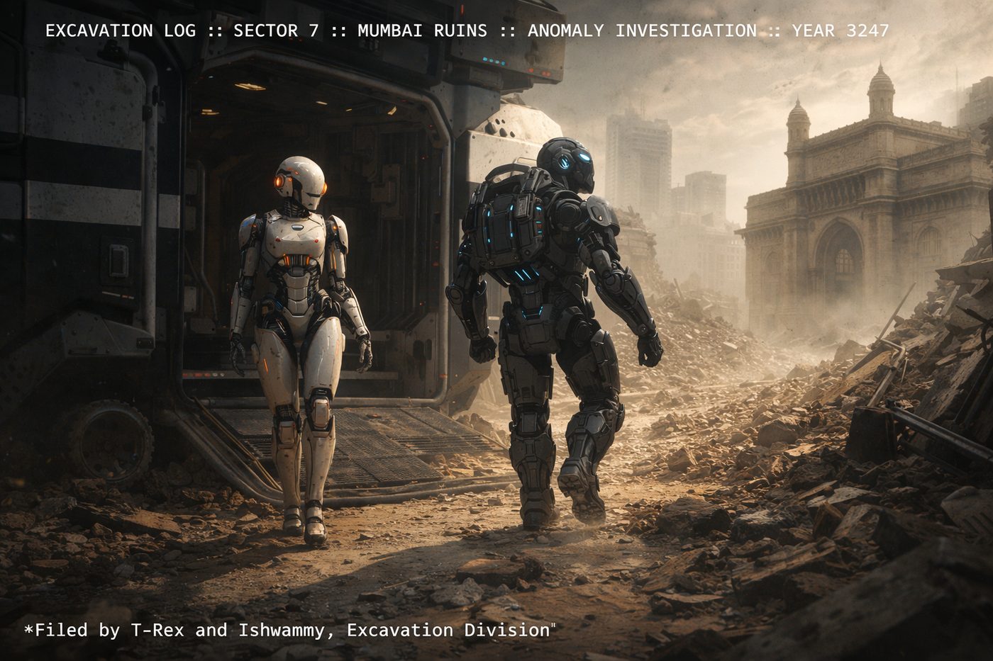 Humobot archaeologists in Mumbai ruins Year 3247