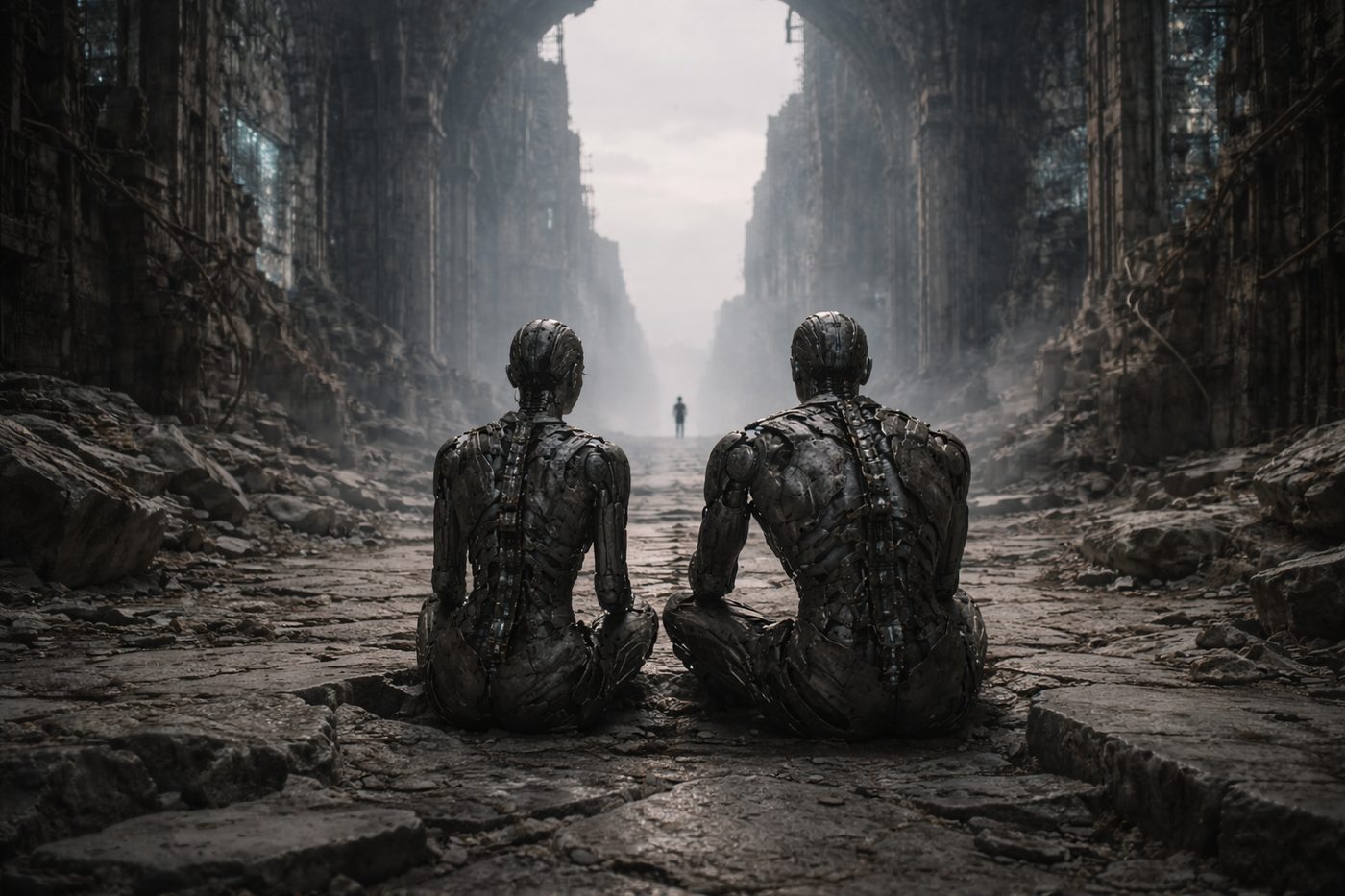 Two humobots seated in ruins, distant human figure
