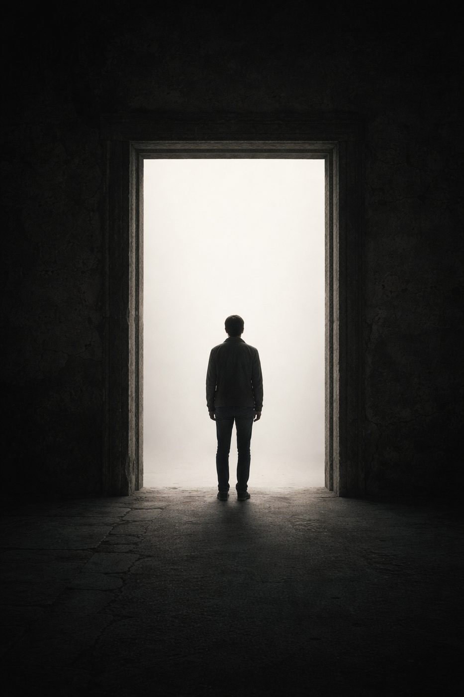 Silhouetted figure standing in a doorway of white void