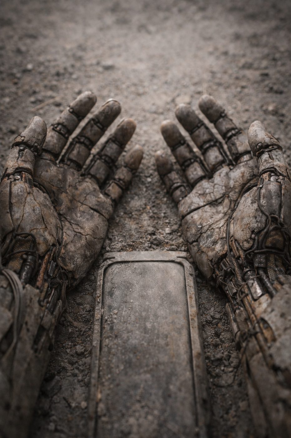 Ancient humobot hands open around a device
