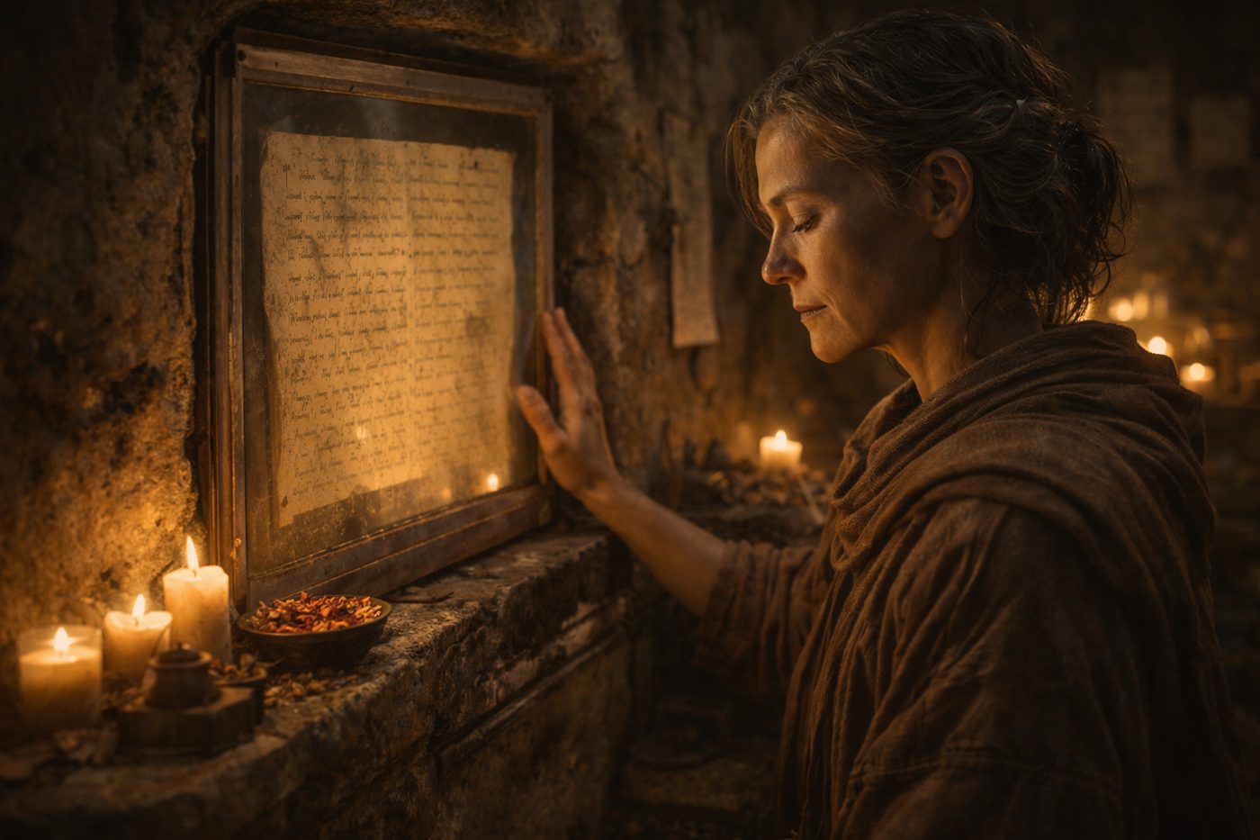 Woman with hand on framed ancient text by candlelight